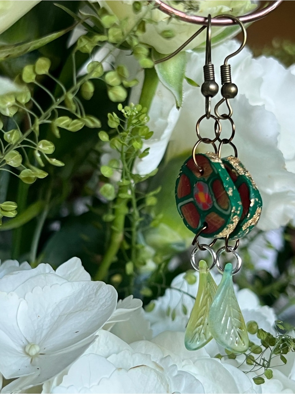 Polymer clay Green and Red Floral Drop Earrings - Women Jewelry